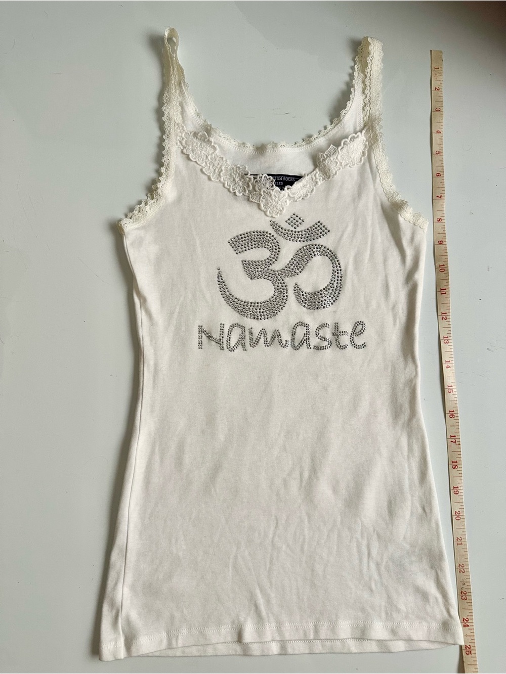 Namaste Long Tank Top Lace Trim Y2K Silver Rhinestones Embroidered White Sequin